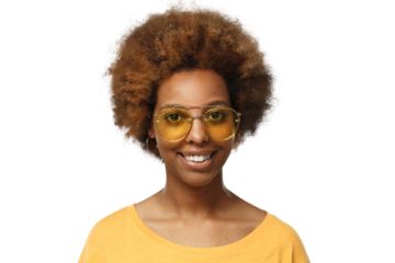 Close-up portrait of smiling young african american woman wearing t-shirt and yellow sunglasses
