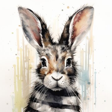 Watercolor rabbit with zebra patterns