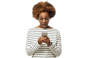 Portrait of african young woman holding phone, looking surprised by shock content
