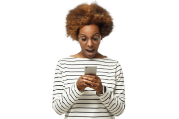 Portrait of african young woman holding phone, looking surprised by shock content