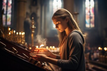 the girl lights a candle in the church. Christmas service. baptism - obrazy, fototapety, plakaty