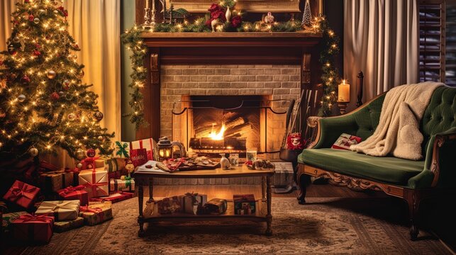 fireplace in living room with christmas decorations
