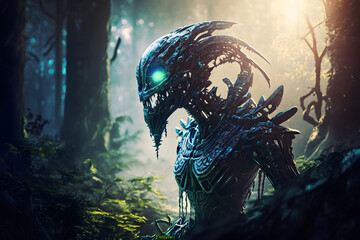 A fantastic predatory alien with glowing eyes walks through the forest