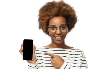 African american woman showing phone and pointing with finger at blank black screen with copy space