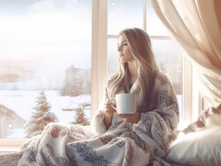 woman drinking coffee during the christmas