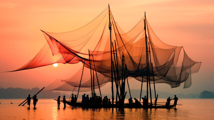 Chinese fishing nets at sunset - obrazy, fototapety, plakaty