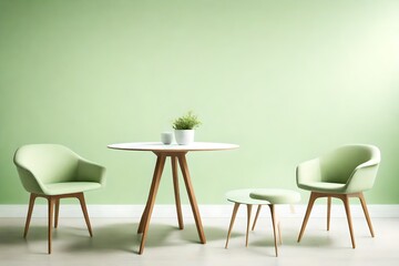 Two chairs and a table with a plant  in front of a light green background.