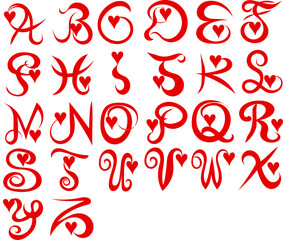 A red colored, freehand drawn vector, alphabet font with hearts and twirls