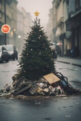 Abandoned Christmas Tree on Urban Street: A Symbol of Post-Holiday Waste and Sustainability...
