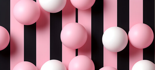Ai 3d pink and black bubbles or spheres backdrop. Pink balls on coral background. Abstract surreal realistic 3d render, banner design.