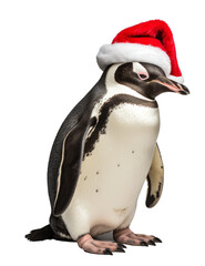 Obraz premium Penguin in a Christmas Santa hat isolated on the transparent background PNG.