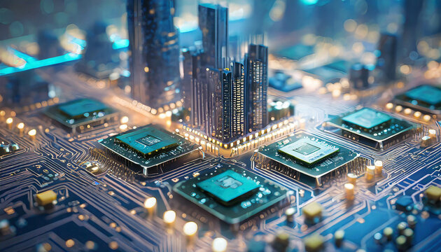 a semiconductor city depicted on a circuit board showcases the intricate fusion of technology and urban living, where the digital realm meets the physical world.