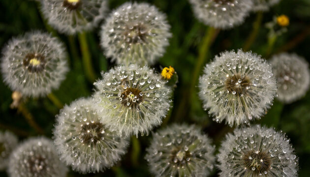 A field of dandelions with spherical seed heads, commonly known as blowballs, presents a beautiful and delicate image of nature's wonders.