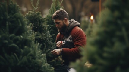 Naklejka na ściany i meble Adventurous Selection: Dashing Gentleman Hand-Picking a Lush Christmas Tree in the Greenhouse