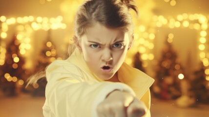 Aggressive Karate Christmas: Caucasian Little Girl Punching Fist in Knitted Sweater Over Yellow Background to Fight, Threaten and Show Violence