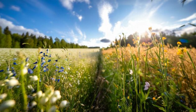 Rural scenery image at the borderline of a Farmed field and Wildflower meadow on sunny summer day
