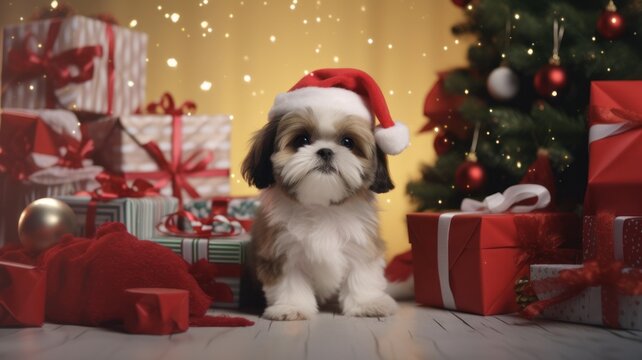 Adorable Tricolour Shih Tzu Puppy Dressed as Santa for Christmas