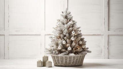 Beautifully Flocked Christmas Tree in Basket on White Wooden Background with Space for Copy