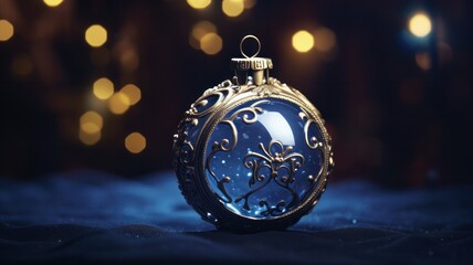 Blue Christmas Ball Ornament on Rustic Brown Wood with Silver Accents for Festive Holiday Decoration