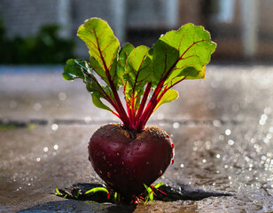 A heart-shaped beetroot grows in an urban environment, emerging from a crack in the concrete, symbolizing the tenacity of nature and the potential for life even in the most unlikely places - obrazy, fototapety, plakaty