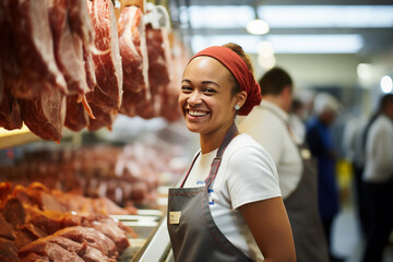 Amidst a busy meat processing line, a woman supervises the slicing of deli meats with a warm and attentive smile, embodying the plant's commitment to quality. 