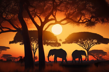 Obraz premium Elephant family in the evening savannah - silhouettes of elephants in the rays of the setting sun