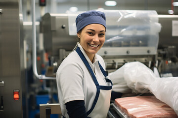 Against a backdrop of machinery and meat cuts, a woman in the processing plant smiles as she operates the vacuum sealing equipment, maintaining product freshness. 