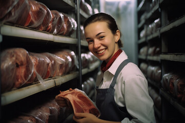 In the cold storage area, a woman with a smile carefully organizes and labels meat products, ensuring they are stored and retrieved with utmost precision.  - obrazy, fototapety, plakaty