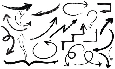 Charcoal arrows vector icons set. Hand drawn freehand different curved lines, swirls arrows. Doodle marker drawing, black chalk smears. Direction pointers. Scribbles and scrawls.