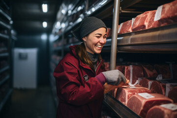Fototapeta na wymiar In the cold storage area, a woman wearing a warm smile organizes and labels meat products with meticulous care, ensuring they are readily available for distribution. 