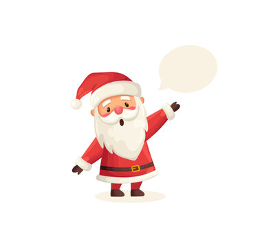 Funny cute Santa Claus character with bubble speech isolated on white background. Christmas holiday vector illustration in flat cartoon style