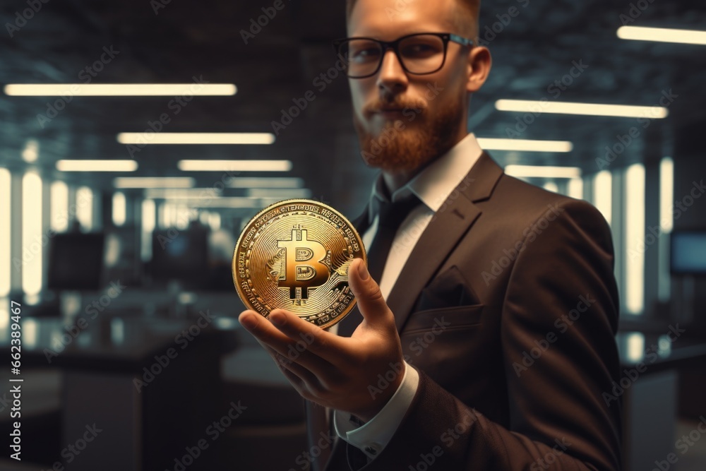Poster a man in a suit confidently holds a bitcoin. this image can be used to represent cryptocurrency, fin
