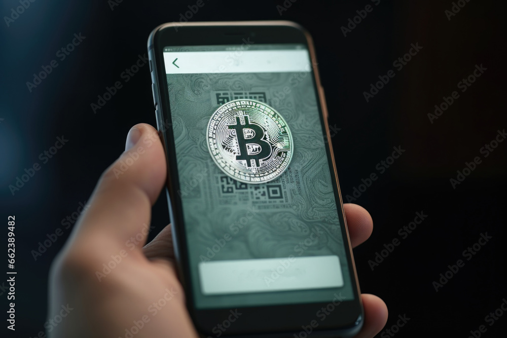 Poster A person is holding a cell phone with a Bitcoin displayed on the screen. This image can be used to illustrate cryptocurrency transactions and digital payments