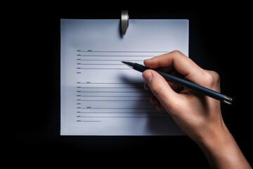 A person is shown holding a pen and writing on a piece of paper. This image can be used to illustrate the act of writing, taking notes, or expressing creativity.