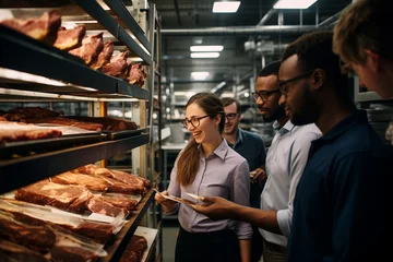 Fotobehang Surrounded by rows of spices and ingredients, a team of technologists smiles as they exchange thoughts on a recipe, working collaboratively to perfect the taste of meat products.  © Maksym