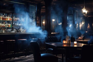 A bustling bar filled with smoke, creating an atmospheric ambiance. Perfect for illustrating a lively nightlife or a social gathering.
