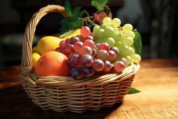 A basket of various fruits placed on top of a sturdy wooden table. This image can be used to depict a healthy lifestyle, fresh produce, or a farm-to-table concept