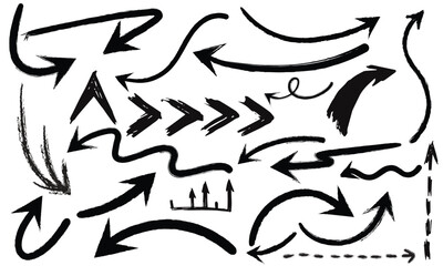 Fototapeta premium Charcoal arrows vector icons set. Hand drawn freehand different curved lines, swirls arrows. Doodle marker drawing, black chalk smears. Direction pointers. Scribbles and scrawls.