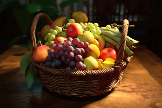 A basket of various fresh fruits sitting on a table. This versatile image can be used for healthy eating, nutrition, or food-related concepts