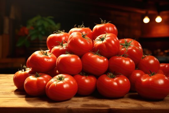 A pile of juicy tomatoes arranged neatly on a rustic wooden table. This image is perfect for food-related articles, recipes, and restaurant promotions