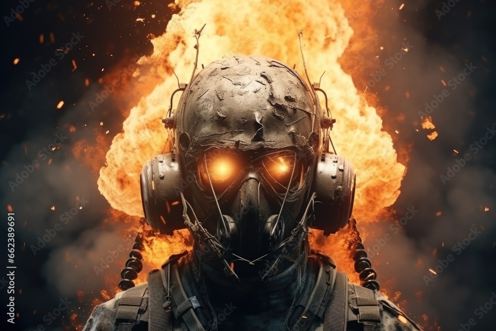 Poster a striking image of a man wearing a gas mask against a fiery backdrop.