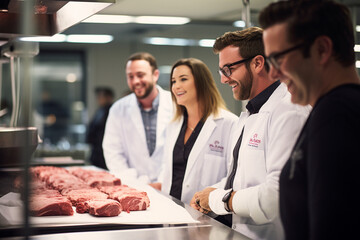 Within the tasting lab, a group of technologists tastes and evaluates a recipe, each individual's smile mirroring their dedication to creating exceptional meat products.  - obrazy, fototapety, plakaty