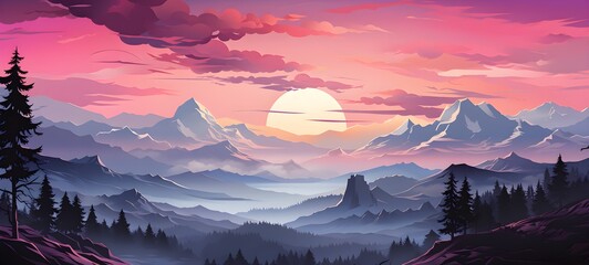 Ai Panorama of spring summer beautiful nature, green grasslands meadow, forest, and river, mountains on horizon background landscape vector illustration