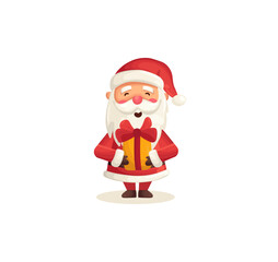 Funny cute Santa Claus character holding gift isolated on white background. Christmas holiday vector illustration in flat cartoon style