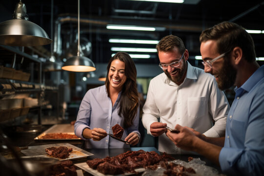 Within the tasting lab, a group of technologists tastes and evaluates a recipe, each individual's smile mirroring their dedication to creating exceptional meat products. 