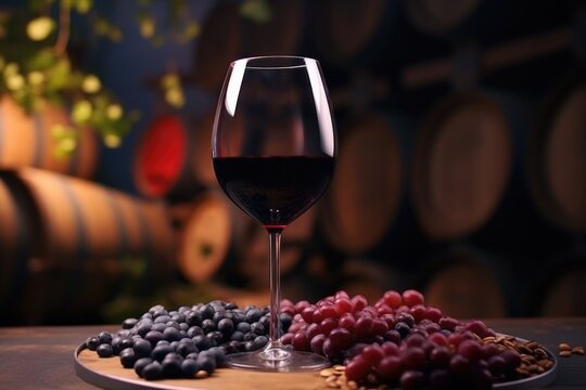 A glass of red wine sits next to a plate of fresh grapes. This image can be used to depict relaxation, indulgence, or a healthy lifestyle.
