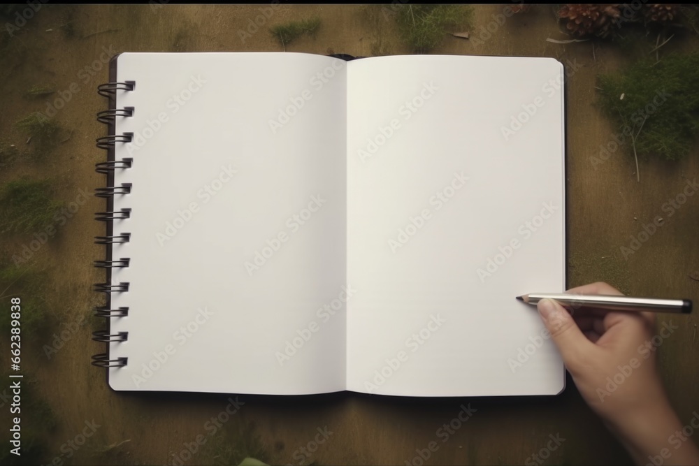 Poster A person is captured in the act of writing in a notebook with a pen. This image can be used for various purposes, such as education, creativity, or productivity
