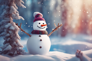 Fototapeta premium A little snowman in a knitted hat and scarf smiles