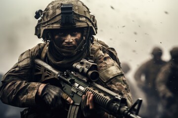 Fototapeta premium A man dressed in camouflage is seen holding a rifle while standing in front of a group of soldiers. 