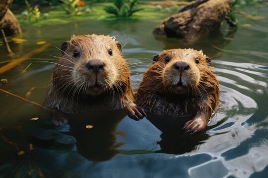 Two beavers are depicted swimming in the water. This image can be used to illustrate wildlife, nature, or animal habitats